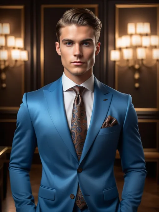 Prompt: In an elegant setting that exudes luxury, a sharply dressed young man stands confidently, his striking features highlighted by soft, ambient lighting. Clad in a sleek, metallic blue suit that enhances his chiseled physique, he pairs it with a sophisticated brown patterned tie and a matching pocket square, subtly hinting at a sense of style and class. The backdrop reveals a lavish interior largely defined by opulent chandeliers that cast a warm glow, contributing to the refined atmosphere that surrounds him. With a poised expression that blends determination and charm, he embodies the confidence of a sophisticated gentleman ready to make an impression. The overall composition balances elegance with a modern flair, perfectly capturing a moment of high social status or a significant occasion.