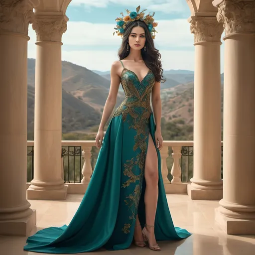 Prompt: Standing gracefully in a vibrant architectural space, a woman clad in an intricately designed teal dress captivates the viewer with her poised demeanor. Her long, dark hair cascades elegantly over her shoulders, adorned with a striking floral headpiece that contrasts beautifully with her attire. Behind her, a series of arched columns frame an enchanting landscape featuring rolling hills and a dynamic sky adorned with swirling patterns. The color palette, rich with blues and greens, enhances the whimsical yet elegant atmosphere of the scene, while the elegant lines and stylized forms lend it a distinct artistic flair, evoking a sense of timeless beauty and intrigue.