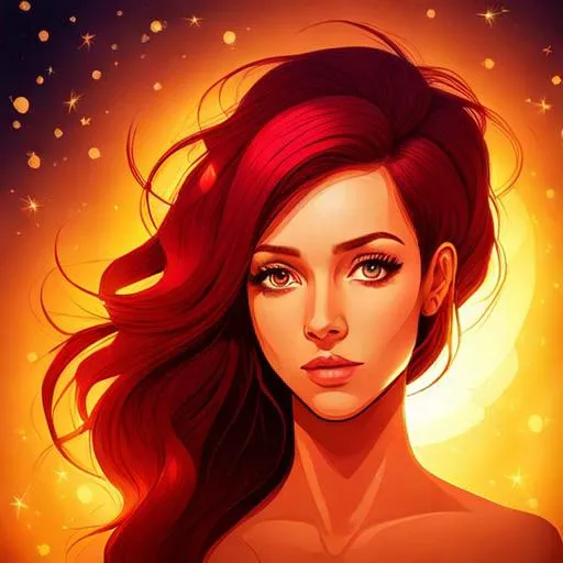 Prompt: A female , warm colors,  fireflies in hair, fiery background, closeup