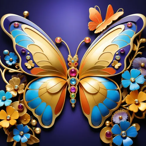 Prompt: <mymodel> a colorful butterfly made with gold and gemstones