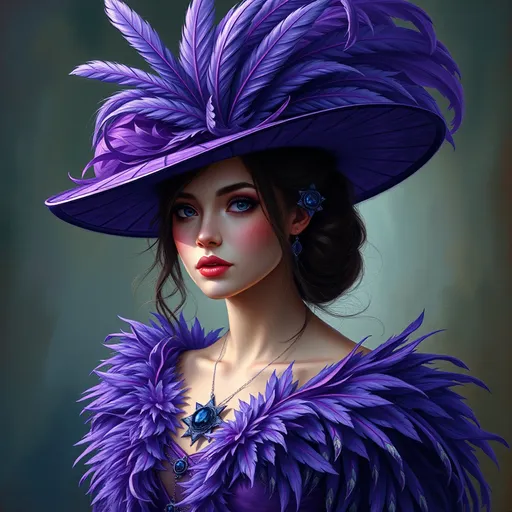 Prompt: a woman wearing a purple hat with feathers on it's head and a purple dress with a purple feathered dress, Anne Stokes, fantasy art, highly detailed digital painting, a detailed painting