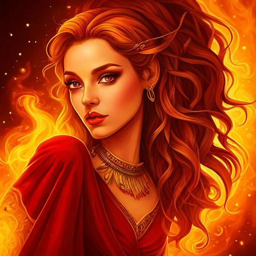 Prompt: fairy goddess, warm colors, fiery background, closeup