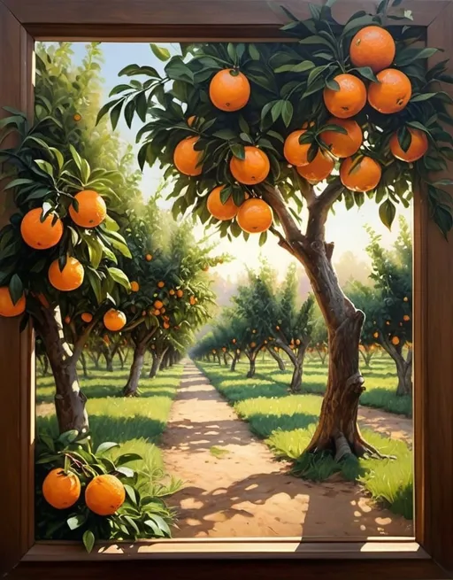 Prompt: Vibrant, realistic painting of an enchanting orange orchard, warm sunlight filtering through lush foliage, ripe oranges hanging from branches, detailed leaves and textures, high quality, oil painting, vibrant, warm tones, realistic, detailed foliage, enchanting atmosphere, professional lighting