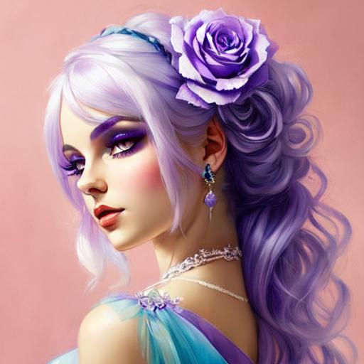 Prompt: A beautiful woman, white hair with pastel purple highlights, violet eyes, blue eyeshadow, pastel blue  and teal roses in her hair, blue jewels on forehead, cartoon style