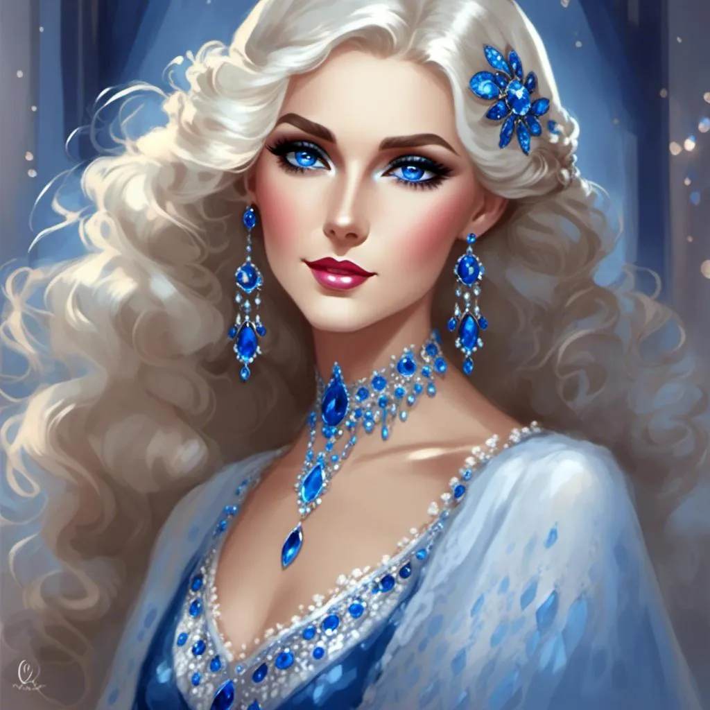 Prompt: <mymodel>A beautiful woman, white hair, blue eyes, blue eyeshadow, blue jewels on forehead