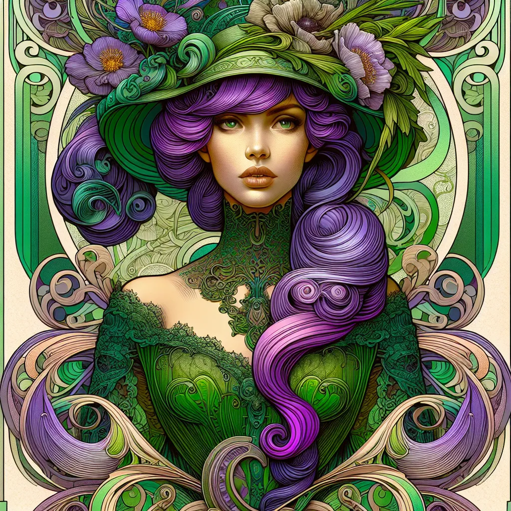 Prompt: <mymodel> a painting of a woman with purple hair and a green hat with flowers on it, wearing a green dress and green hat, Anna Dittmann, fantasy art, highly detailed digital painting, a detailed painting