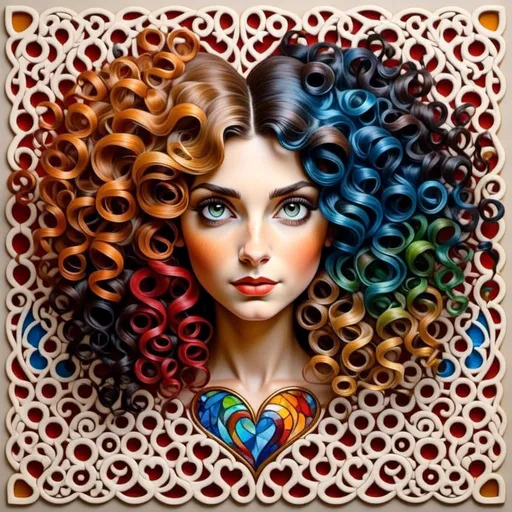 Prompt: <mymodel> lady in a heart with colors of the rainbow, blue eyes