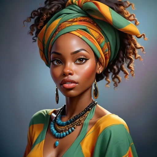 Prompt: Beautiful black woman portrait, realistic painting, detailed facial features, vibrant colors, professional, highres, realistic, detailed, portrait, stunning, realistic painting, detailed facial features, vibrant colors, professional, highres, realistic