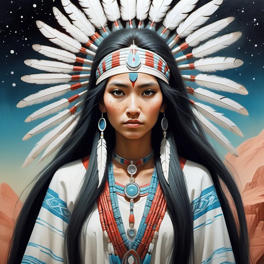 Prompt: Gouache paint painting of woman native american very long hair, pastel color, dreamy, surrealism, abstract painted background with gouache paint strokes, intricate details, 3D rendering, octane rendering . Nicoletta Ceccoli style, Virgil Finlay, Tsubaki Nekoi, Vasanti Unka, Hiroshi Masumura, Chiho Saito,
