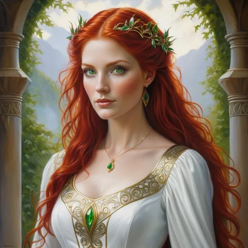 Prompt: a painting of a woman with red hair and green eyes wearing a white dress with gold trim and a red hair, Anne Stokes, fantasy art, kinkade, a detailed painting