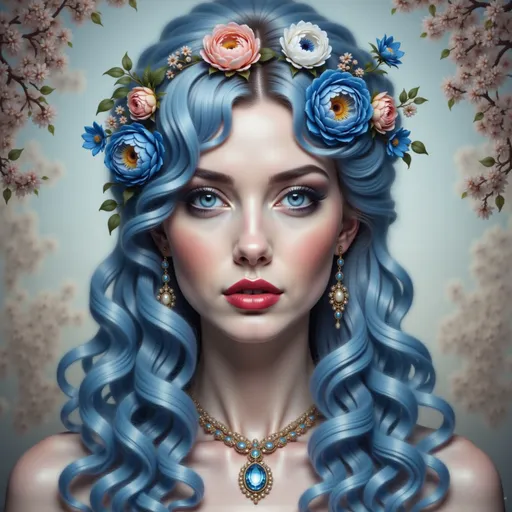 Prompt: a painting of a woman with blue hair and flowers in her hair, wearing a necklace and earrings with blue flowers on her head, Anna Dittmann, fantasy art, highly detailed digital painting, a photorealistic painting