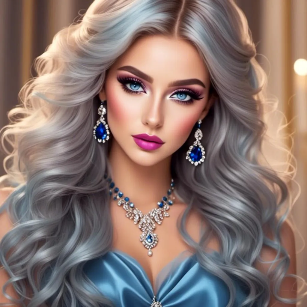 Prompt: <mymodel>a Sapphire lady, feminine elegant princess ,  dark hair, large blue eyes, wearing jewls in her hair,  beautiful makeup, blue eyeshadow, dark pink lipstick, facial closeup