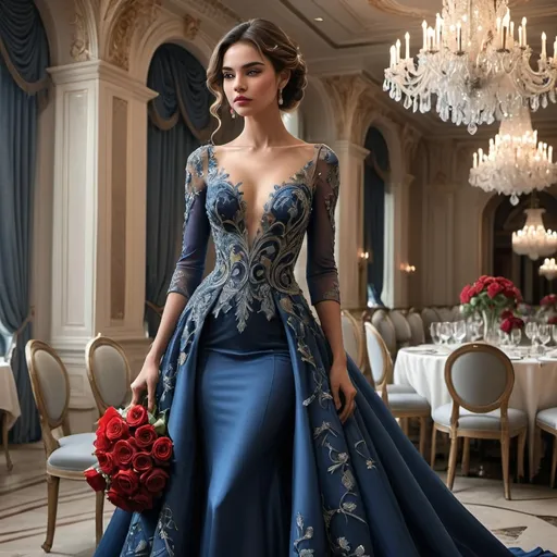 Prompt: Elegantly poised in a lavish dining setting, a striking figure captivates attention with her intricate blue gown adorned with lavish embroidery and a fitted bodice, accentuating her graceful silhouette. The gown cascades into a flowing skirt, while she holds a bouquet of vibrant red roses close to her chest, illuminating her serene yet confident demeanor. Surrounding her, the opulent venue features opulent chandeliers and richly decorated walls, echoing a sense of grandeur and sophistication, highlighted by the soft glow of candlelight reflecting off the polished surfaces. The atmosphere is luxurious and romantic, perfectly complementing the regal look of the woman, who appears ready for a special celebration.