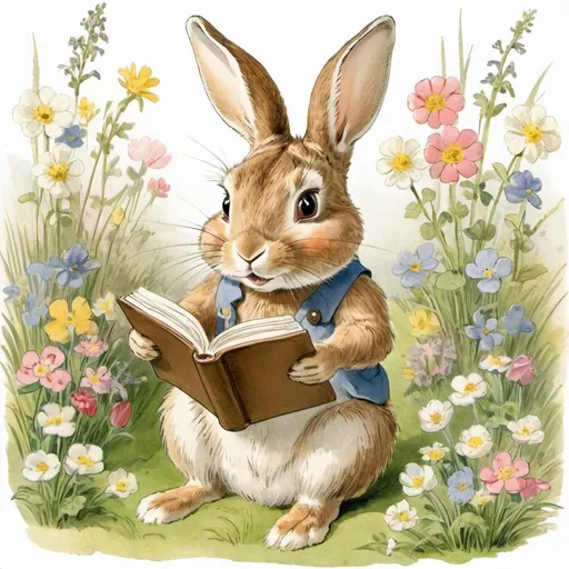 Prompt: a rabbit reading a book while sitting in the grass with flowers around it's feet and eyes open, Beatrix Potter, art & language, storybook illustration, a storybook illustration