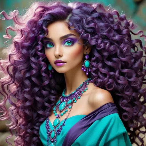 Prompt: <mymodel>An extremely gorgeous woman,  with turquoise jewels, in color scheme of purple, long curly hair