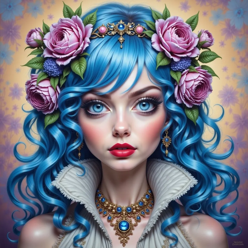 Prompt: a girl with blue hair and flowers in her hair, wearing a crown of flowers and a necklace with a crescent, Anne Stokes, fantasy art, highly detailed digital painting, a character portrait