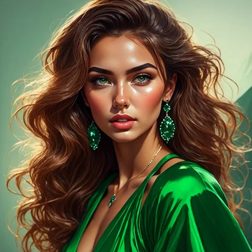 Prompt: <mymodel>Detailed illustration of a woman in vibrant green attire, large vivid green eyes, elegant makeup, digital painting, high resolution, realistic style, vibrant green, professional lighting