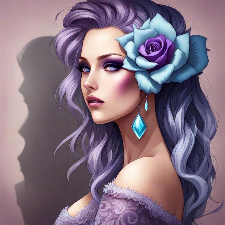 Prompt: A beautiful woman, white hair with pastel purple highlights, violet eyes, blue eyeshadow, pastel blue roses in her hair, blue jewels on forehead, cartoon style