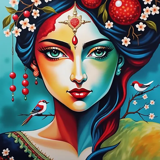 Prompt: a painting of a woman with a blue veil and a cherry tree branch in her hand and a bird on her shoulder, Anne Stokes, qajar art, highly detailed oil painting, a detailed painting