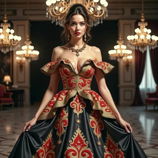 Prompt: Radiating elegance and confidence, a woman stands poised in a stunning gown that features elaborate red and gold embroidery against a deep black fabric, accentuating her figure with dramatic ruffles that cascade downwards. Her expressive gaze, framed by a sleek updo and bold red lipstick, adds a striking touch to her refined appearance, perfectly complemented by statement earrings and a matching necklace. The opulent backdrop reveals grand chandeliers and rich furnishings, hinting at a luxurious setting, perhaps an upscale ballroom, where the ambient light bathes the scene in a warm glow. The careful composition highlights both the intricate details of her dress and the grandeur of the environment, creating a captivating narrative of sophistication and allure.