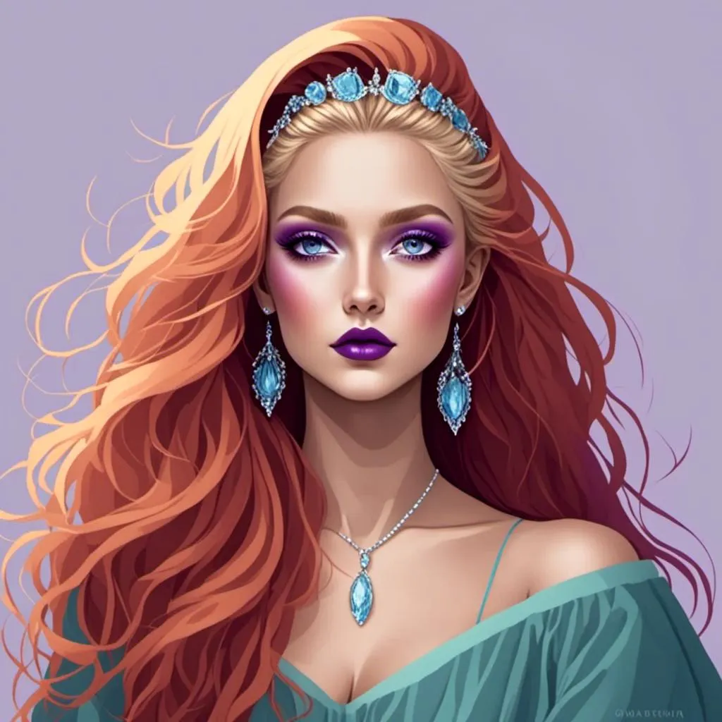 Prompt: <mymodel>Beautiful ethereal woman, long blonde hair,and icy blue eyes color, purple lipstick, facial closeup