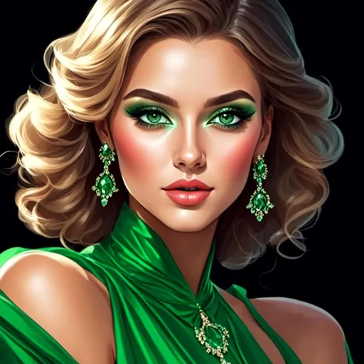 Prompt: <mymodel>Detailed illustration of a woman in vibrant green attire, large vivid green eyes, elegant makeup, digital painting, high resolution, realistic style, vibrant green, professional lighting