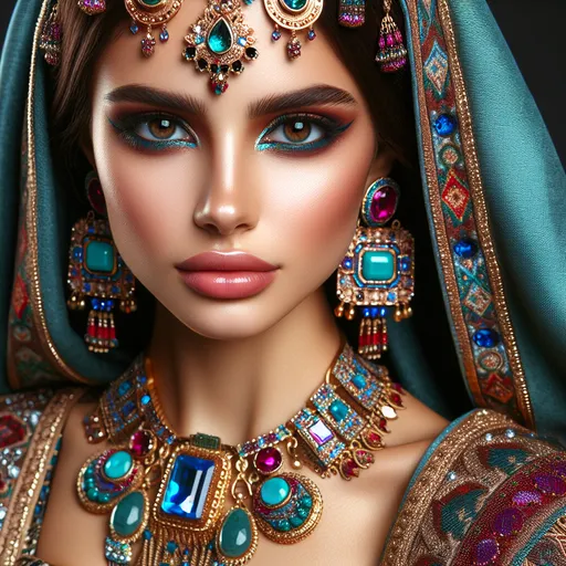 Prompt: illustration of a young woman, aqua and purple tones, elaborate jewelry, detailed makeup, colorful attire