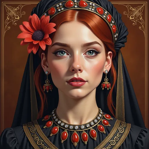 Prompt: a woman with red hair wearing a black dress and red lipstick and a necklace with red beads and jewels, Dirk Crabeth, gothic art, gothic, a photorealistic painting