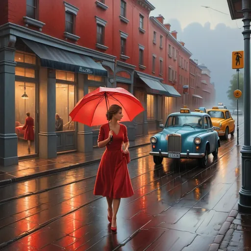 Prompt: a woman in a  red dress is walking down the street with holding an umbrella in the rain, with a car and a taxi in the background, Evgeny Lushpin, figurative art, highly detailed oil painting, a photorealistic painting