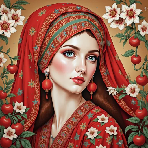 Prompt: a painting of a woman with red hair and a red hat on her head and a red shawl on her head, Ayami Kojima, figurative art, pre - raphaelite, a fine art painting