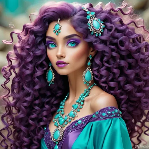 Prompt: <mymodel>An extremely gorgeous woman,  with turquoise jewels, in color scheme of purple, long curly hair