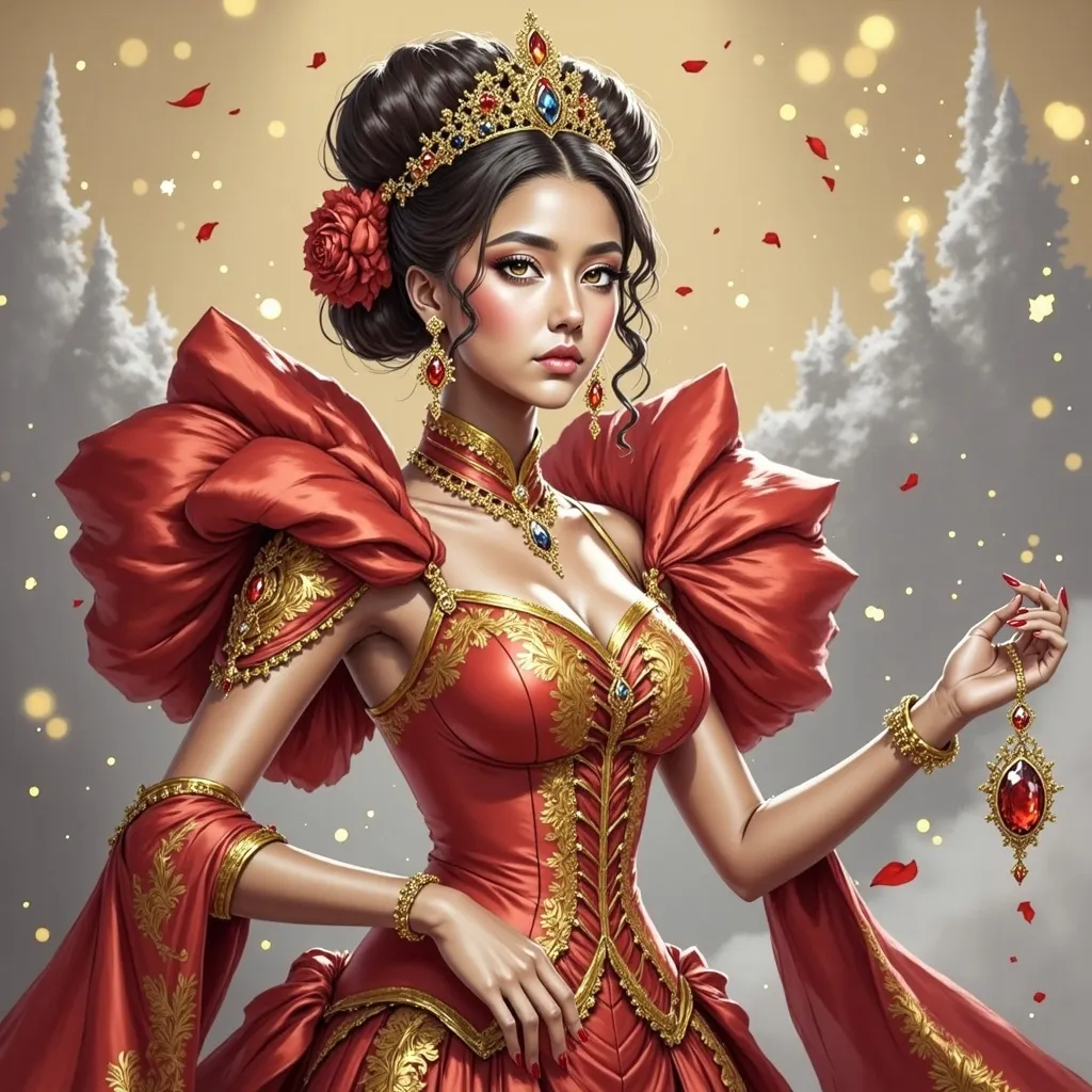 Prompt: <mymodel> a woman in a red dress with gold trimmings and a tiara on her head and shoulders, Chen Hong, fantasy art, highly detailed digital painting, a detailed painting