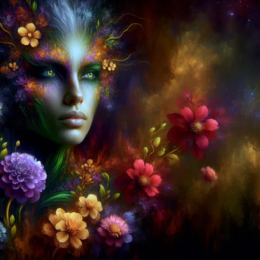 Prompt: Beautiful  hybrid woman with flowers sprouting from her, oil painting, ethereal glow, dark and mysterious, high quality, vibrant colors, surreal, haunting, intricate floral details, intense gaze, mystical atmosphere, oil painting,  ethereal, vibrant colors, surreal, haunting, floral details, intense gaze, mystical atmosphere