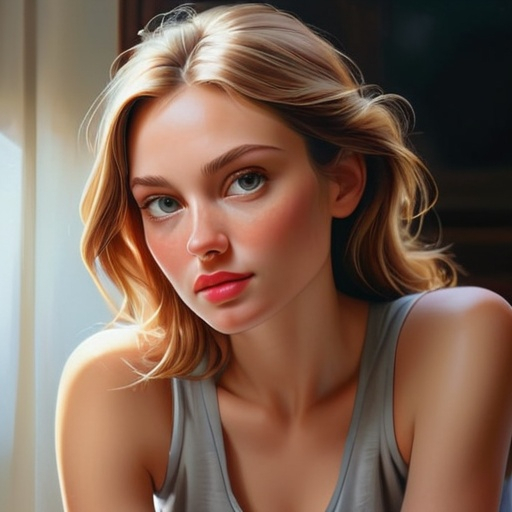 Prompt: Close-up realistic painting of a woman, subtle reflections, high resolution, lifelike details, detailed facial features, professional, realistic painting, atmospheric lighting, high quality, lifelike