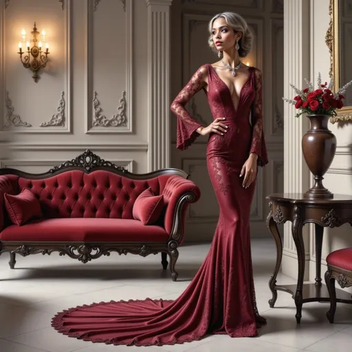 Prompt: Elegant and opulent, the scene features a striking woman in a form-fitting, deep red gown that showcases intricate lace detailing and a dramatic train. Her alluring dress plunges at the neckline and has bell sleeves that accentuate her graceful movements, while she poses confidently in a lavish, richly decorated interior. The setting is adorned with ornate wall moldings and plush furnishings, including a luxurious crimson velvet sofa, creating a harmonious blend of classic elegance and contemporary style. Soft, ambient lighting enhances the warm tones of the room, casting gentle shadows that add depth and allure to the composition. The overall mood is one of sophistication and glamour, as the woman radiates poise and charisma within this exquisite environment.