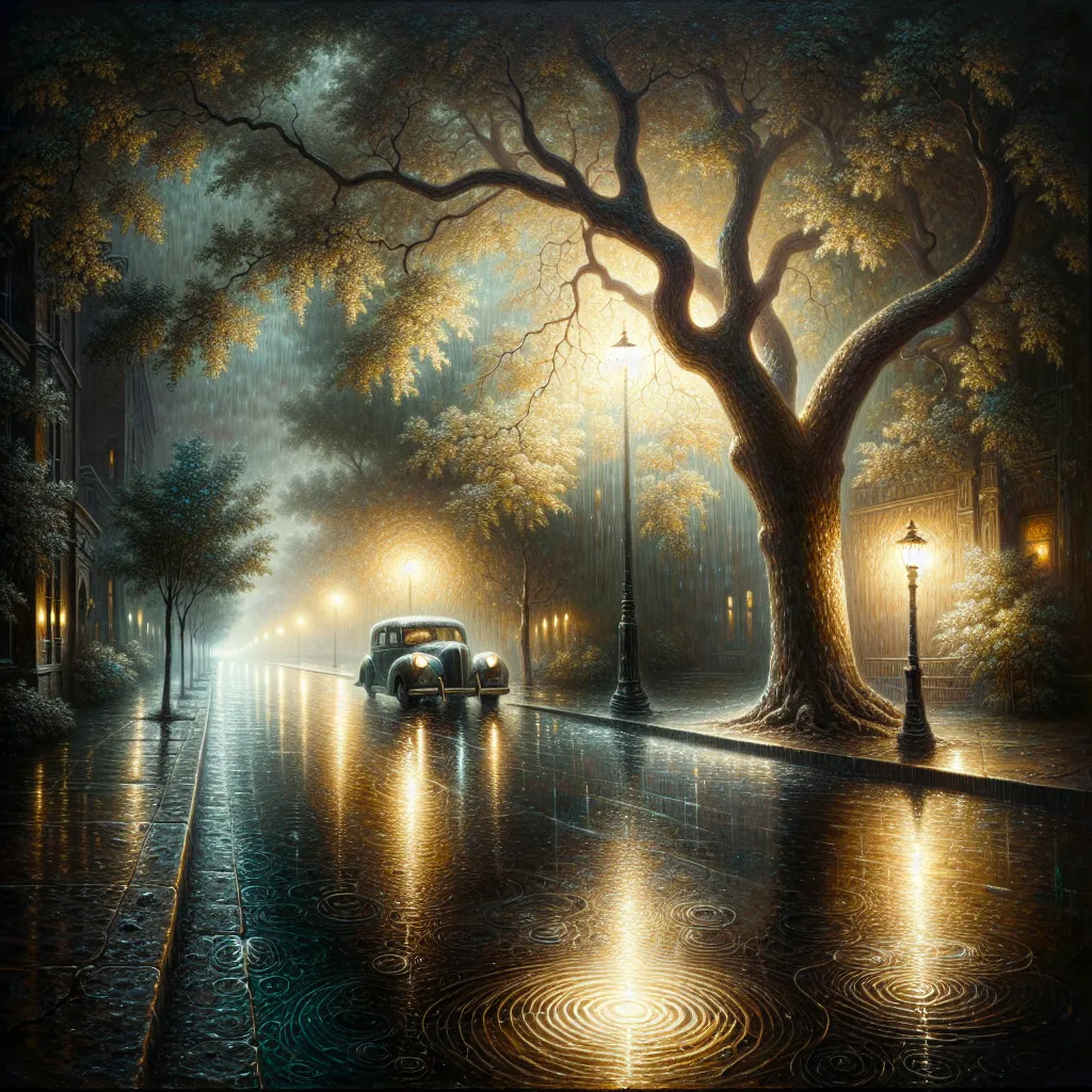 Prompt:  a tree on a rainy street at night with a car parked on the side of the road, Evgeny Lushpin, american scene painting, highly detailed oil painting, a photorealistic painting