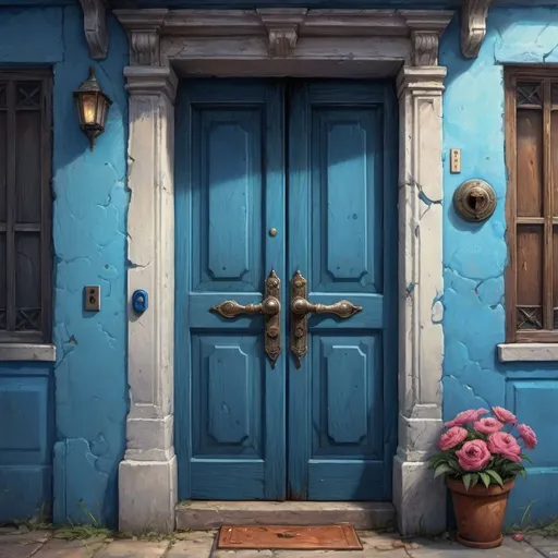 Prompt: a painting of a door with a flower on it's side and a blue door handle on the side, Android Jones, fantasy art, highly detailed digital painting, a detailed painting