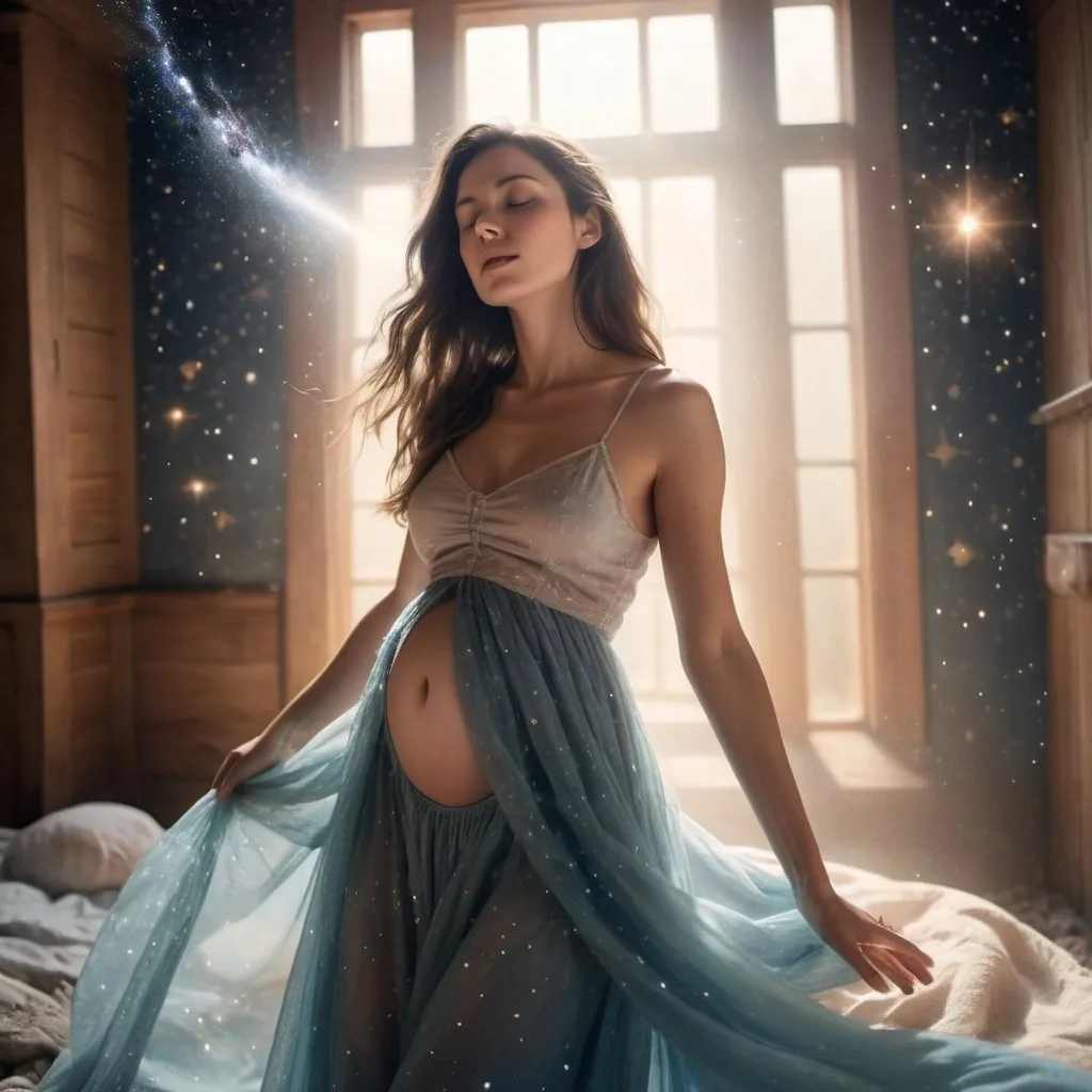 Prompt: <mymodel>a woman stand in the middle of nowhere looking up towards the light and on the ground beside her 
sleeping a newborn baby surrounded by sun and comets with a trail of magic fairy dust 