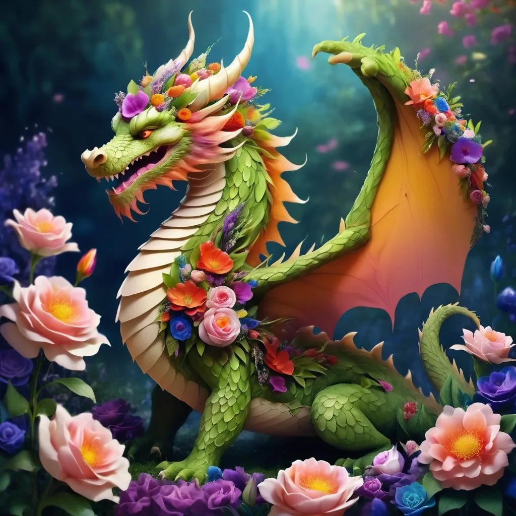 Prompt: Beautiful creature-a dragon made of flowers