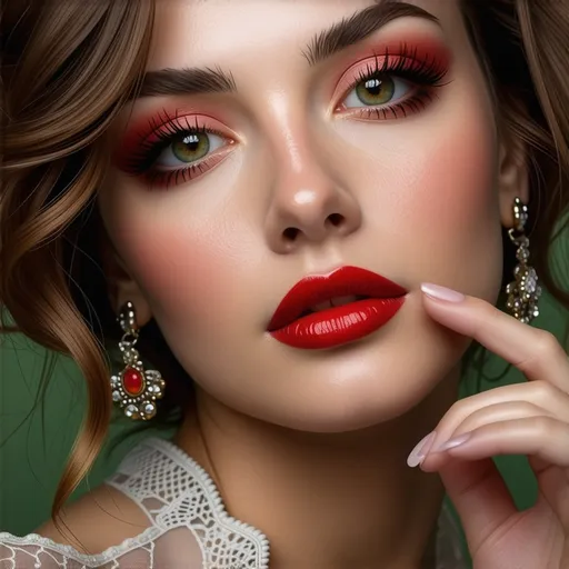 Prompt: With captivating green eyes framed by dramatic lashes, the model presents a striking appearance highlighted by her dark red lips and flawless complexion. Her softly curled hair, adorned with a decorative piece, gently frames her face, while intricate earrings catch the light, adding elegance to her look. The model's hand, posed delicately near her face, enhances the composition, showcasing meticulously manicured nails that contrast beautifully with her skin tone. Set against a muted green background, the image exudes a rich and sophisticated atmosphere, merging modern beauty with classic elements in a gloriously refined manner. The overall effect is one of confidence and allure, inviting admiration.