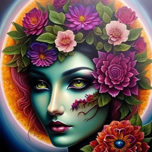 Prompt: Beautiful  hybrid woman with flowers sprouting from her, oil painting, detailed fiery eyes, ethereal glow, dark and mysterious, high quality, vibrant colors, surreal, haunting, intricate floral details, intense gaze, mystical atmosphere, oil painting, demon, hybrid, fiery eyes, ethereal, vibrant colors, surreal, haunting, floral details, intense gaze, mystical atmosphere