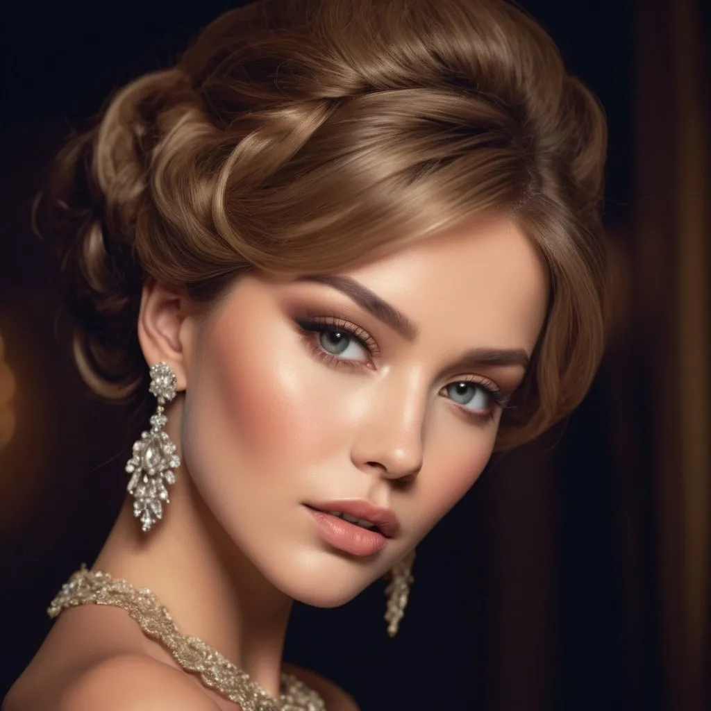 Prompt: Fancy lady, elegant gown with intricate lace details, opulent jewelry, glamorous evening setting, high fashion, luxurious fabrics, exquisite makeup and hairstyle, high quality, detailed, glamorous, elegant style, warm tones, soft and sophisticated lighting