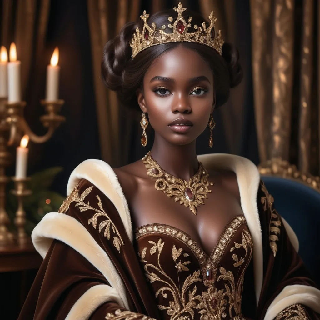 Prompt: Cocoa princess, rich chocolate tones, elegant gown with intricate details, regal crown adorned with gems, luxurious velvet cape, enchanting forest setting, warm and soft lighting, high quality, royal fantasy, detailed embroidery, majestic, opulent, graceful, royal, warm lighting