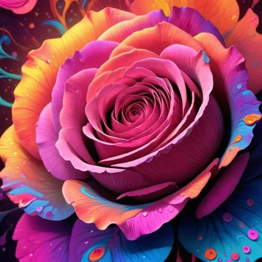 Prompt: Psychedelic rose in vibrant colors, surreal floral patterns, high quality, digital painting, swirling petals, mesmerizing hues, vibrant and surreal, dreamy atmosphere, intricate details, abstract art, neon tones, glowing petals, artistic style, vibrant lighting