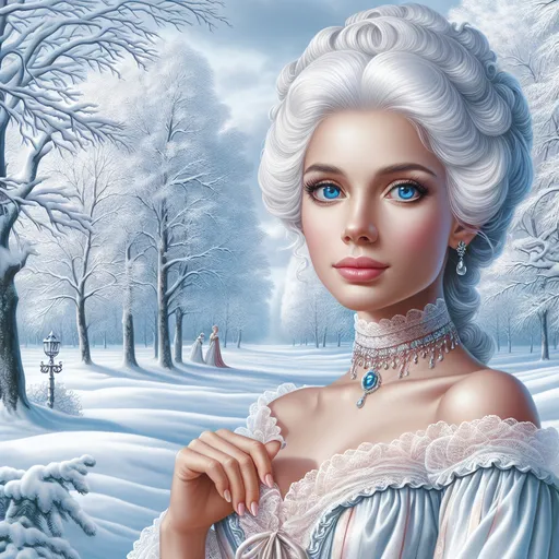 Prompt: a woman with blue eyes and white hair in the snow with trees in the background and snow on the ground, Elina Karimova, rococo, white hair, a photorealistic painting