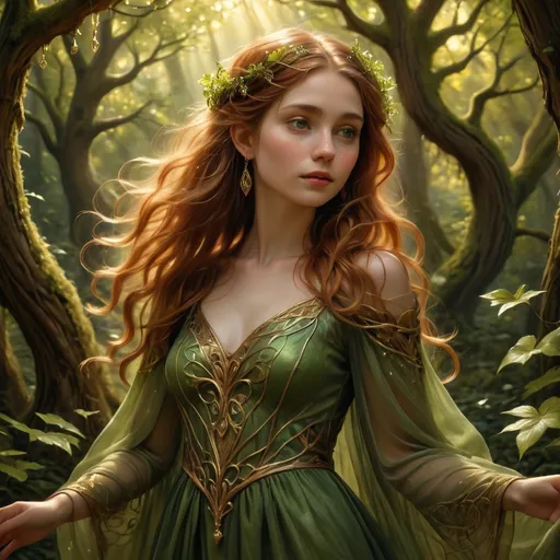 Prompt: In a luminous, enchanted forest, a young woman stands gracefully among the gnarled trees, her presence ethereal against the dappled sunlight filtering through the leaves. With flowing chestnut hair adorned with small green leaves and delicate gold earrings, she embodies the essence of nature, dressed in a richly embroidered green gown that cascades around her, featuring intricate golden accents and a striking ruby at her waist. Her expression is soft yet captivating, suggesting a deep connection to the surroundings, as her gently tousled hair flows with the breeze. The lush greenery and the warm, golden light create a magical atmosphere, inviting viewers into a world where nature and beauty intertwine harmoniously, evoking a sense of wonder and serenity.