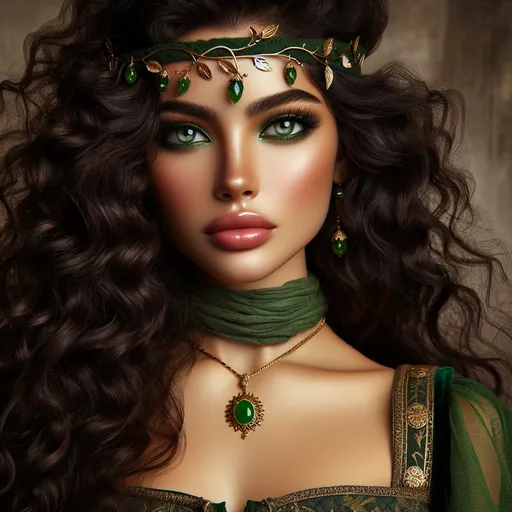 Prompt: The image depicts a strikingly beautiful young woman with a captivating presence. She has long, voluminous, dark curly hair adorned with a green headband that features delicate gold accents and leafy designs. Her vivid green eyes stand out, providing a mesmerizing contrast to her soft, glowing complexion. She has a subtle flush on her cheeks, giving her a healthy, vibrant look.

She is dressed in a green outfit that appears to be inspired by fantasy or medieval themes. The attire includes intricate gold details, adding to the ornate and regal appearance. She wears a green scarf around her neck, complemented by a statement necklace featuring a green gem and gold elements.