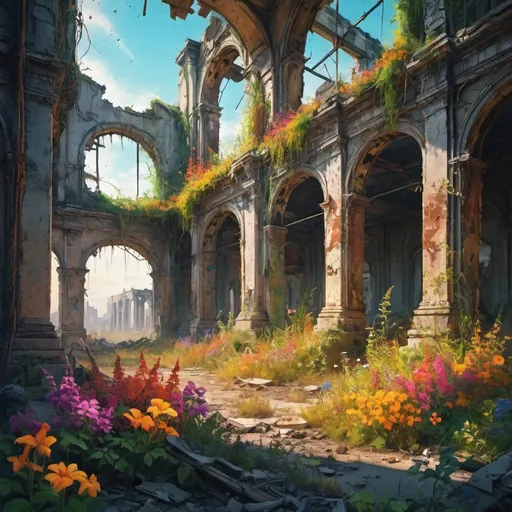 Prompt: Flowers blooming from apocalyptic ruins, vibrant and colorful, post-apocalyptic, high-quality, digital painting, detailed, overgrown foliage, vibrant colors, beautiful decay, atmospheric lighting