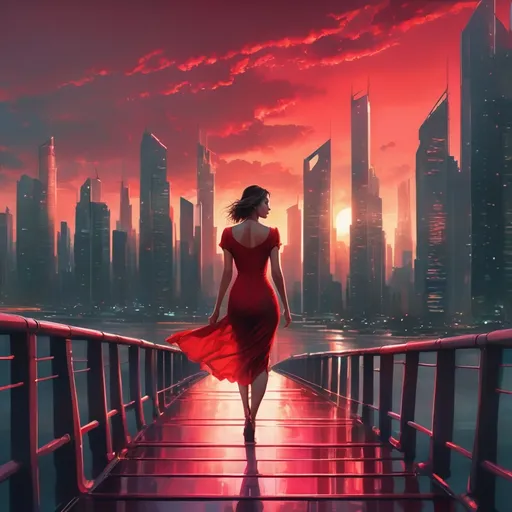 Prompt: a woman in a red dress walking across a bridge in front of a city skyline with skyscrapers at sunset, Alena Aenami, retrofuturism, synthwave style, cyberpunk art