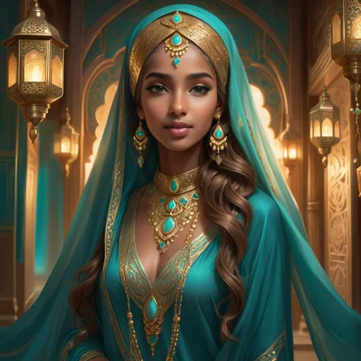 Prompt: A young woman stands elegantly against a backdrop adorned with intricate gold accents and warm, glowing lanterns, exuding a captivating charm. Her long, wavy hair cascades softly around her shoulders, framing her delicate features, while a vibrant turquoise hijab elegantly drapes over her head and shoulders. Elaborate jewelry, studded with turquoise gems, glistens around her neck and ears, enhancing her striking beauty. The rich color palette of deep turquoise and gold evokes a sense of luxury and tradition, while the soft lighting casts gentle shadows, creating a warm, inviting atmosphere that feels both enchanting and timeless. The overall scene radiates a feeling of grace and cultural richness, drawing the viewer into its mesmerizing allure.